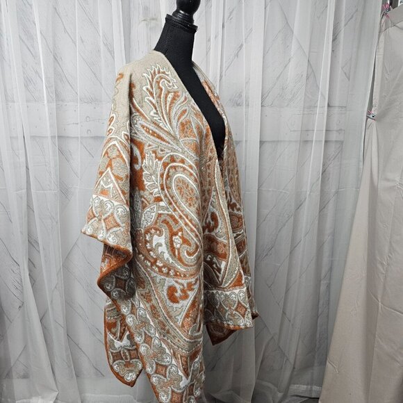 Unbranded Taupe Orange Reversible Paisley Boho Blanket Cape OSFA - Picture 3 of 14